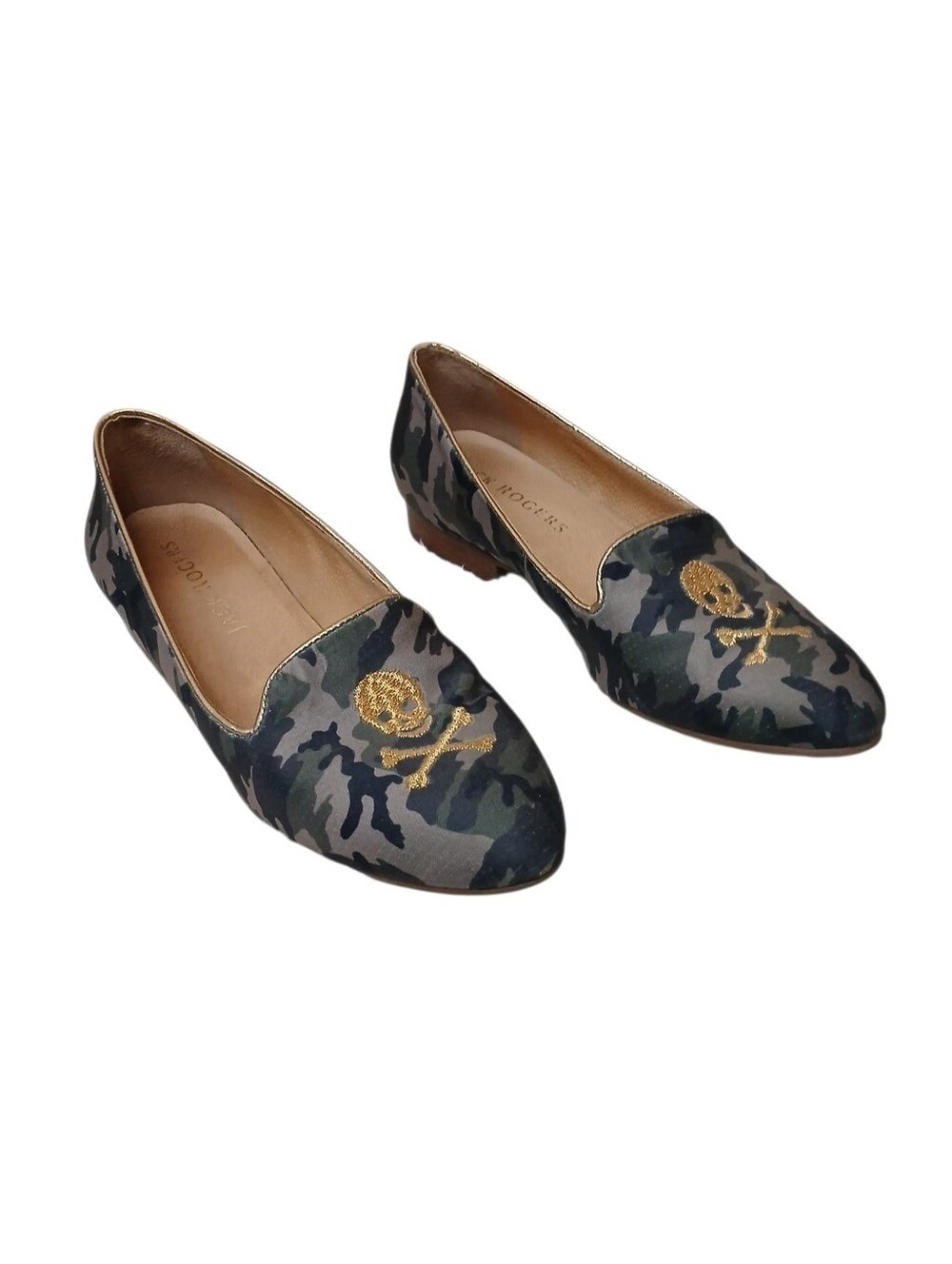 Jack Rogers Camouflage Slip-On Smoking Flats  Gold Skull Embellishment  Size 8